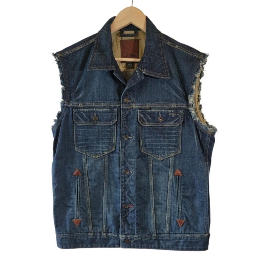 VTG GUESS Los Angeles Mens  Rigid Denim Vest Sz L Biker Streetwear Motorcycle